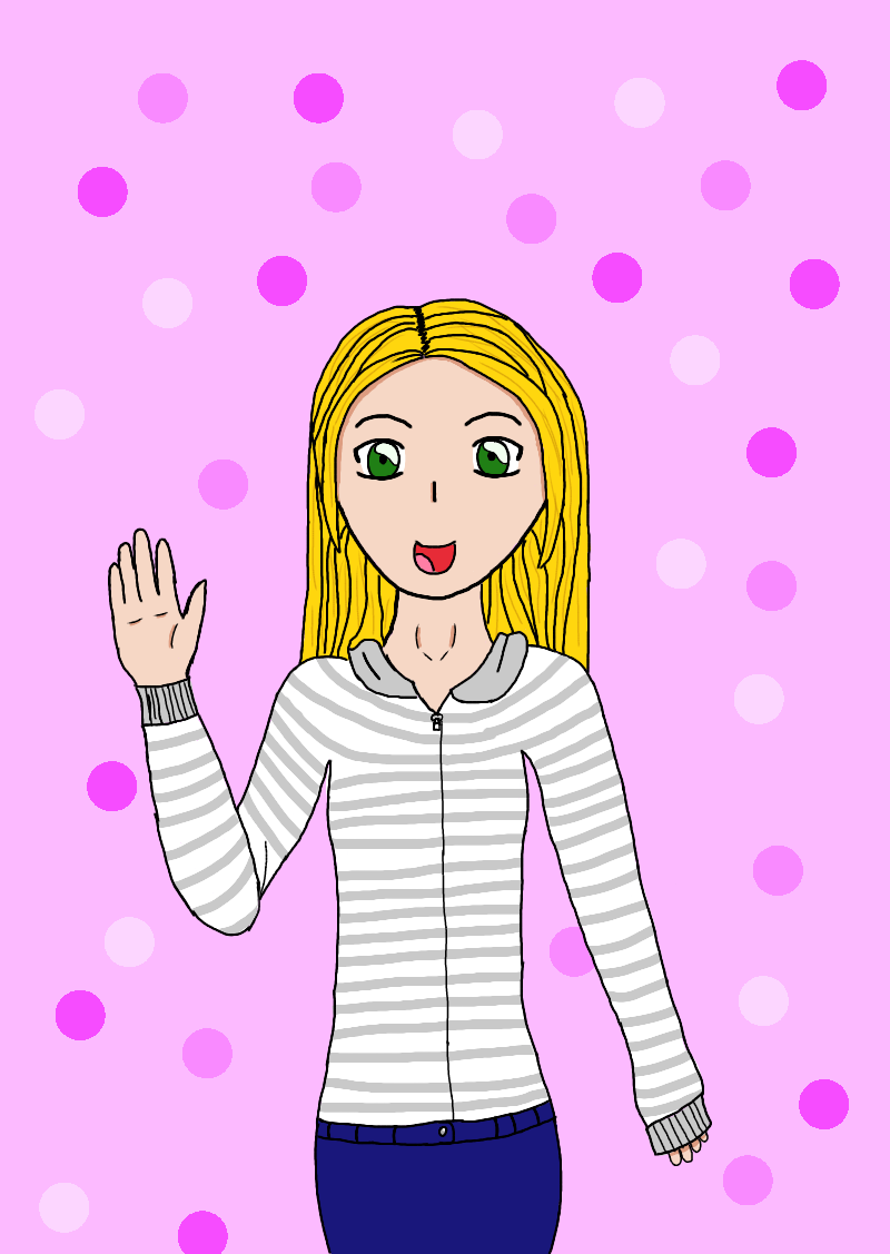 A self portait of me (the creator of this website) at 13, I have an open mouth smile and waving at the camera, looking stright ahead, 
												I am drawn with green eyes and bright yellow hair shown from the hips up, in blue jean and a grey and white stripe hoodie. 
												The background is light pink with varying shades as polka dots 